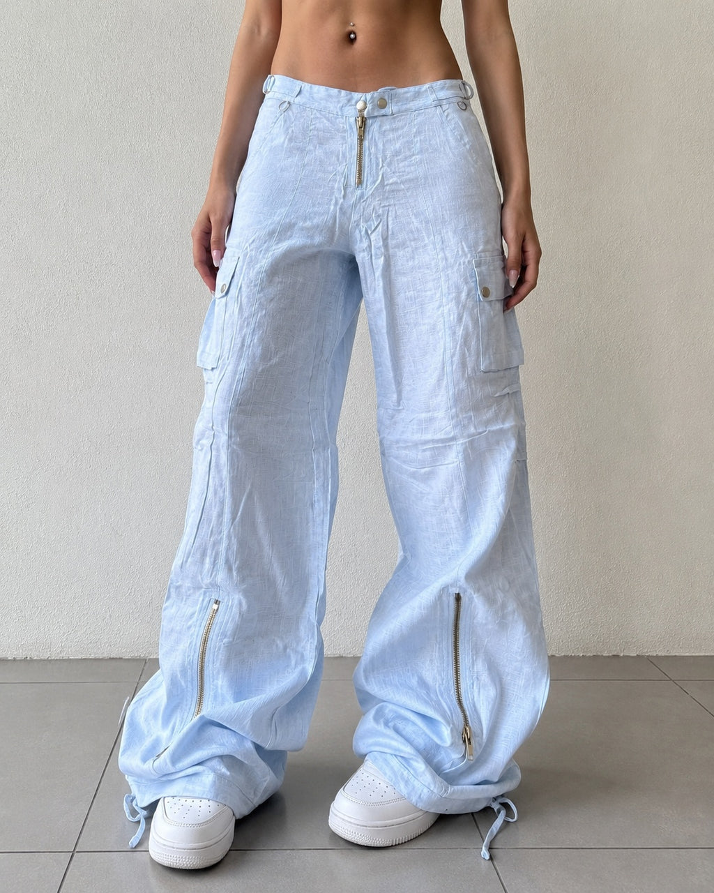 Linen Pants Baggy Fit Light Blue con Zip Vintage Y2K Low Waist - Pantaloni in Lino Super Baggy Vita Bassa