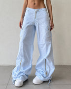 Linen Pants Baggy Fit Light Blue con Zip Vintage Y2K Low Waist - Pantaloni in Lino Super Baggy Vita Bassa