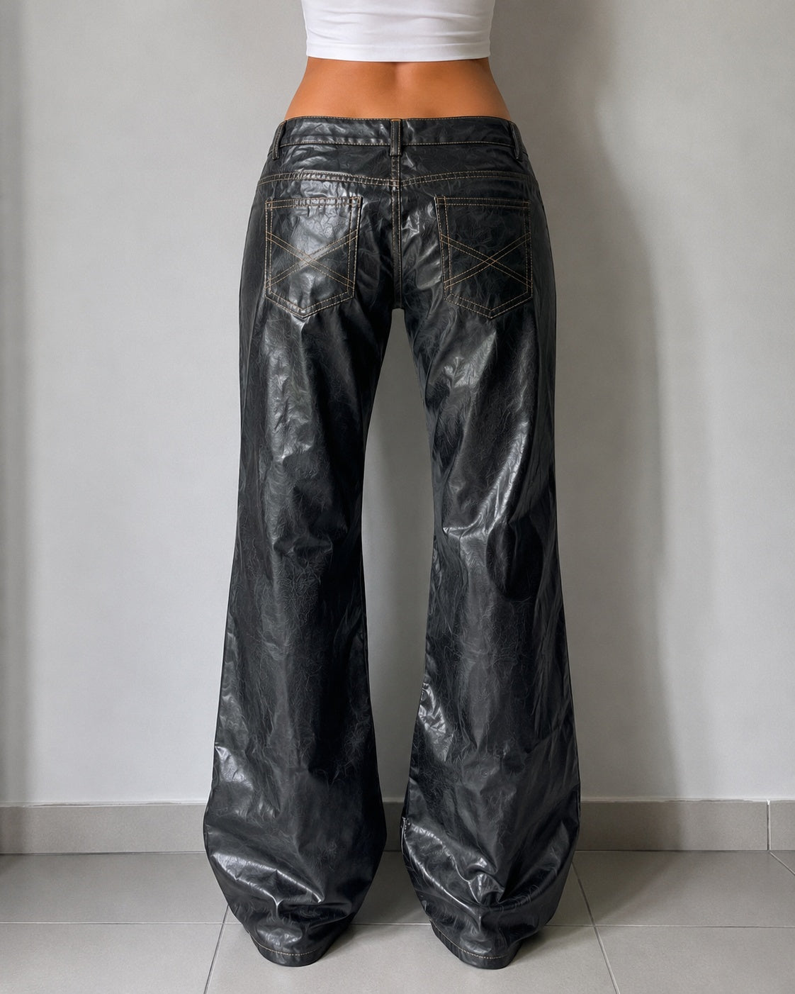 Denim Leather Jeans Bootcut Baggy Fit  (S)