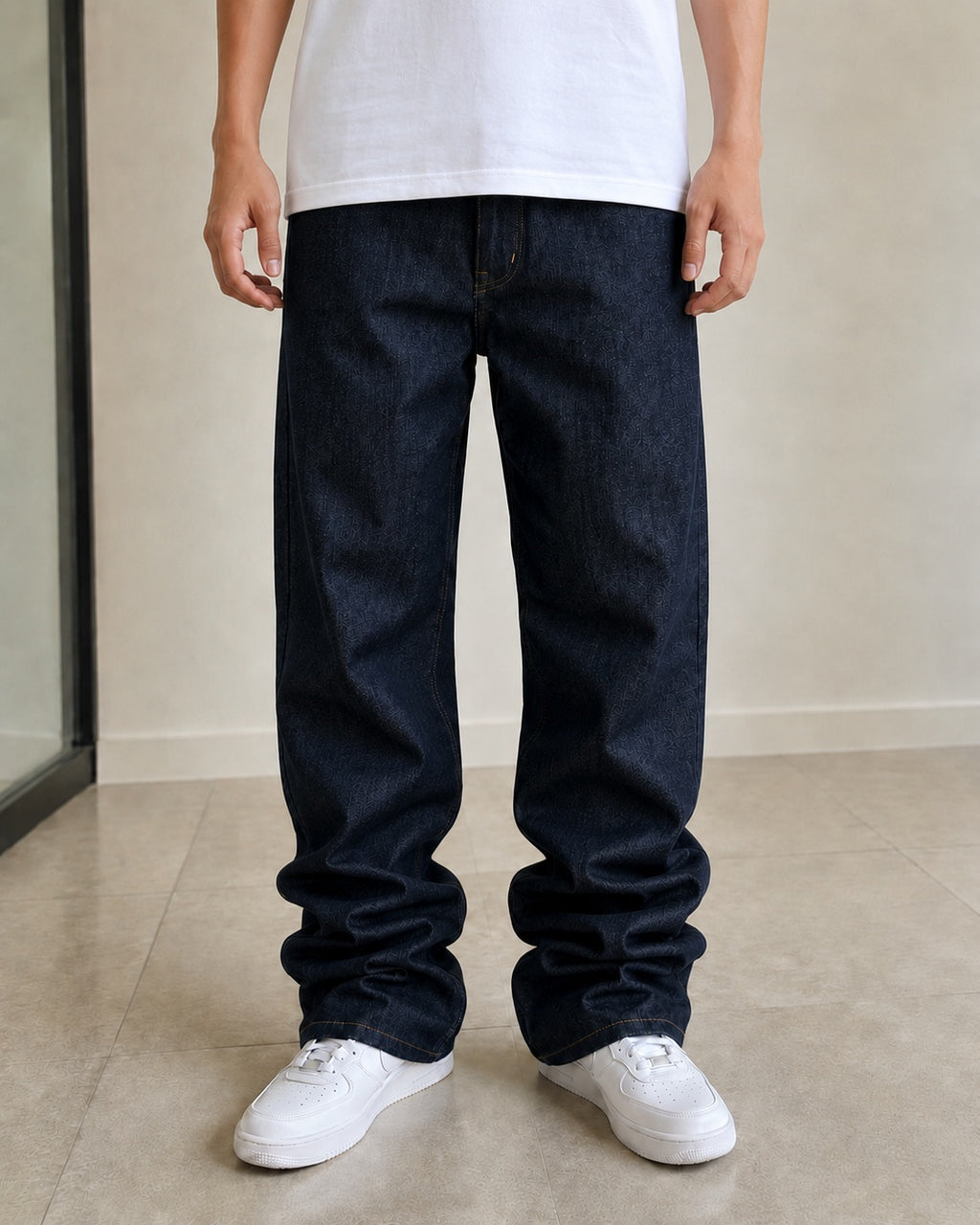 Raw Denim Jeans Embroidered Baggy Fit Vintage Y2K Red Pocket