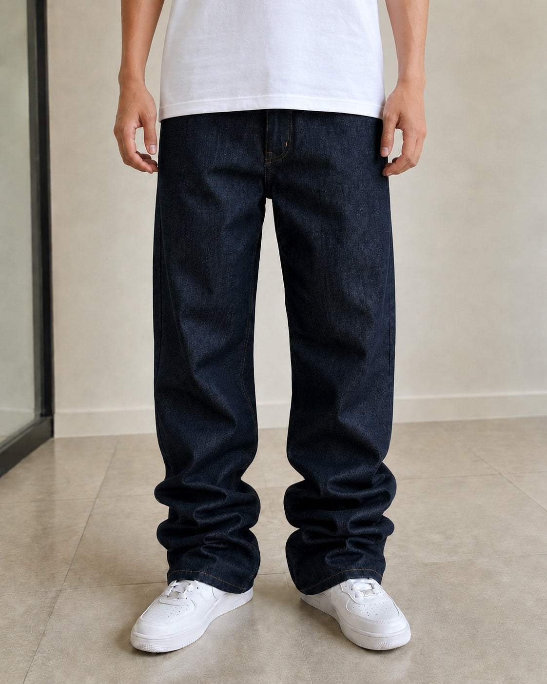 Raw Denim Jeans Embroidered Baggy Fit Vintage Y2K Red Pocket
