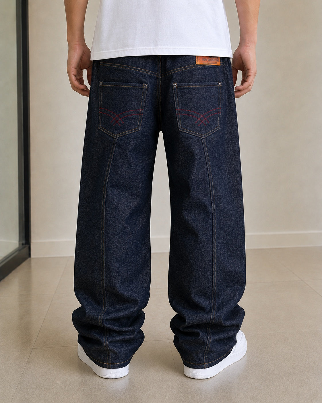 Raw Denim Jeans Embroidered Baggy Fit Vintage Y2K Red Pocket