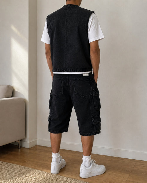 Completo Denim Nero Y2K Cargo Utility Smanicato + Jorts Baggy Hip Hop Streetwear
