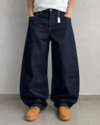 Raw Denim Jeans Dark Blue Super Baggy Balloon Vintage Y2K Particulare Hip-Hop