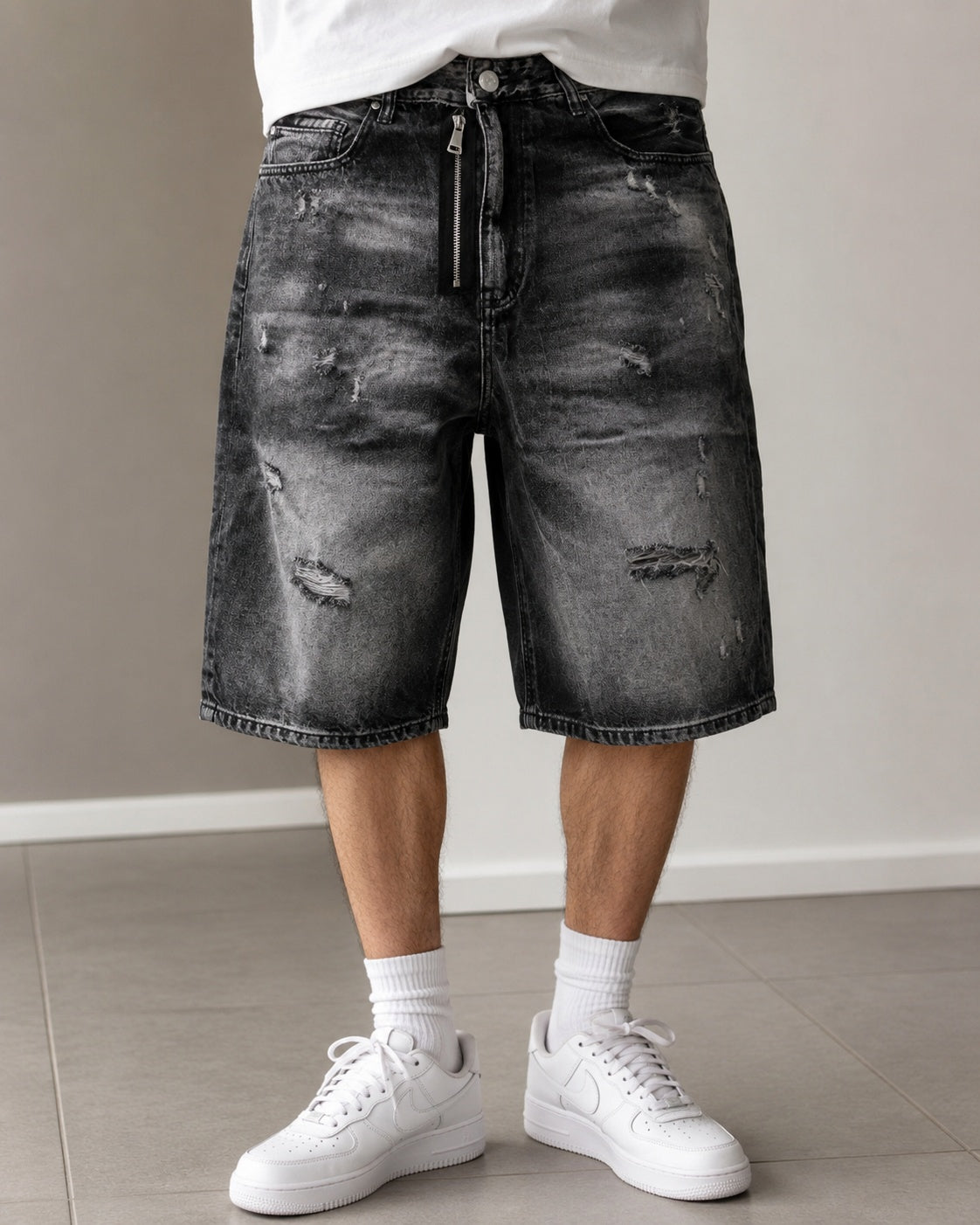 Jorts Leox denim nero baggy distressed streetwear Vintage Y2K Particular