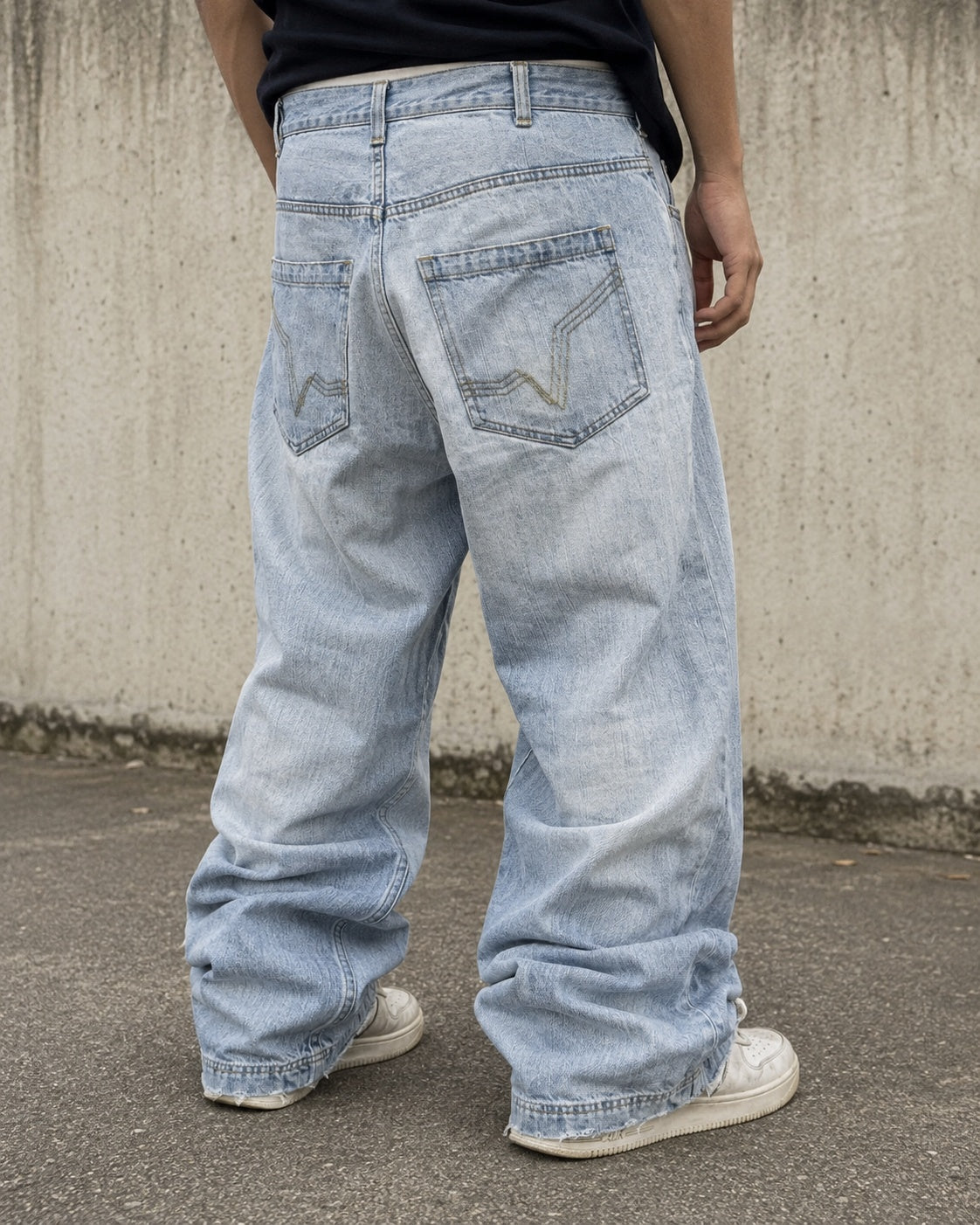 Denim FishBone Super Baggy Fit Light Blue Embroidered Sfrangiato Vintage Y2K (S)