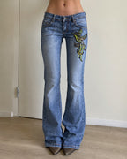 Denim Jeans Vintage Y2K Bootcut Flare Fit Low Waist Embroidered Particular (XS)