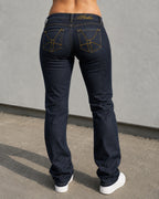 Denim Jeans Raw Blu Low Waist Straight Fit Embroidered (M)