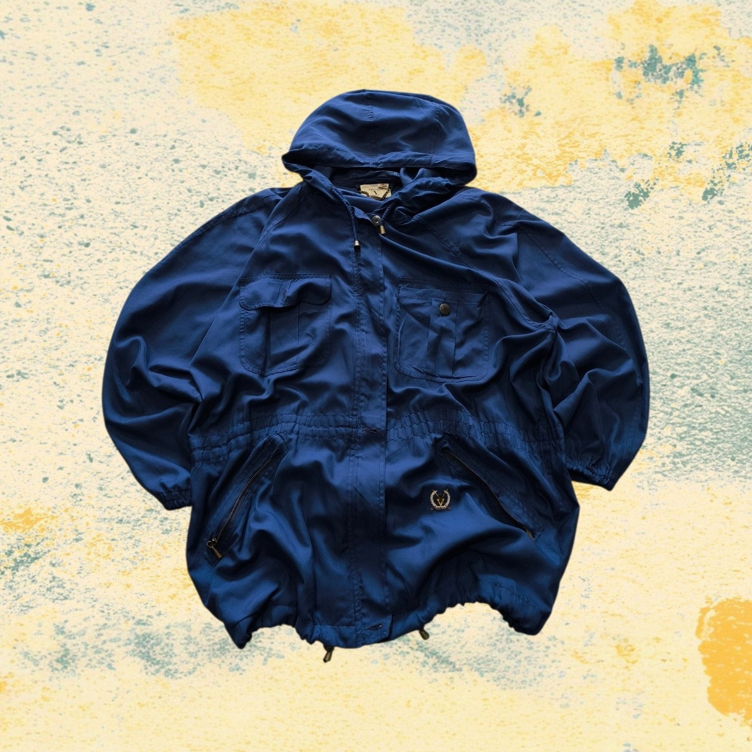 Valentino Vintage Windbreaker Blu Uomo Taglia M – Giacca 90s Tecnica con Cappuccio