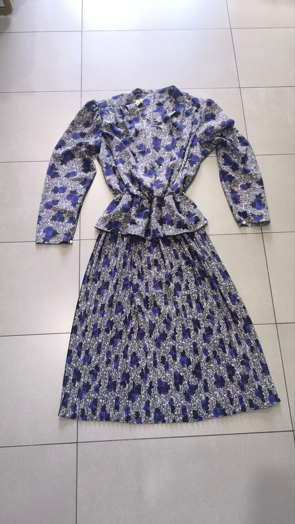 Completo vintage donna floreale blu grigio gonna plissé M