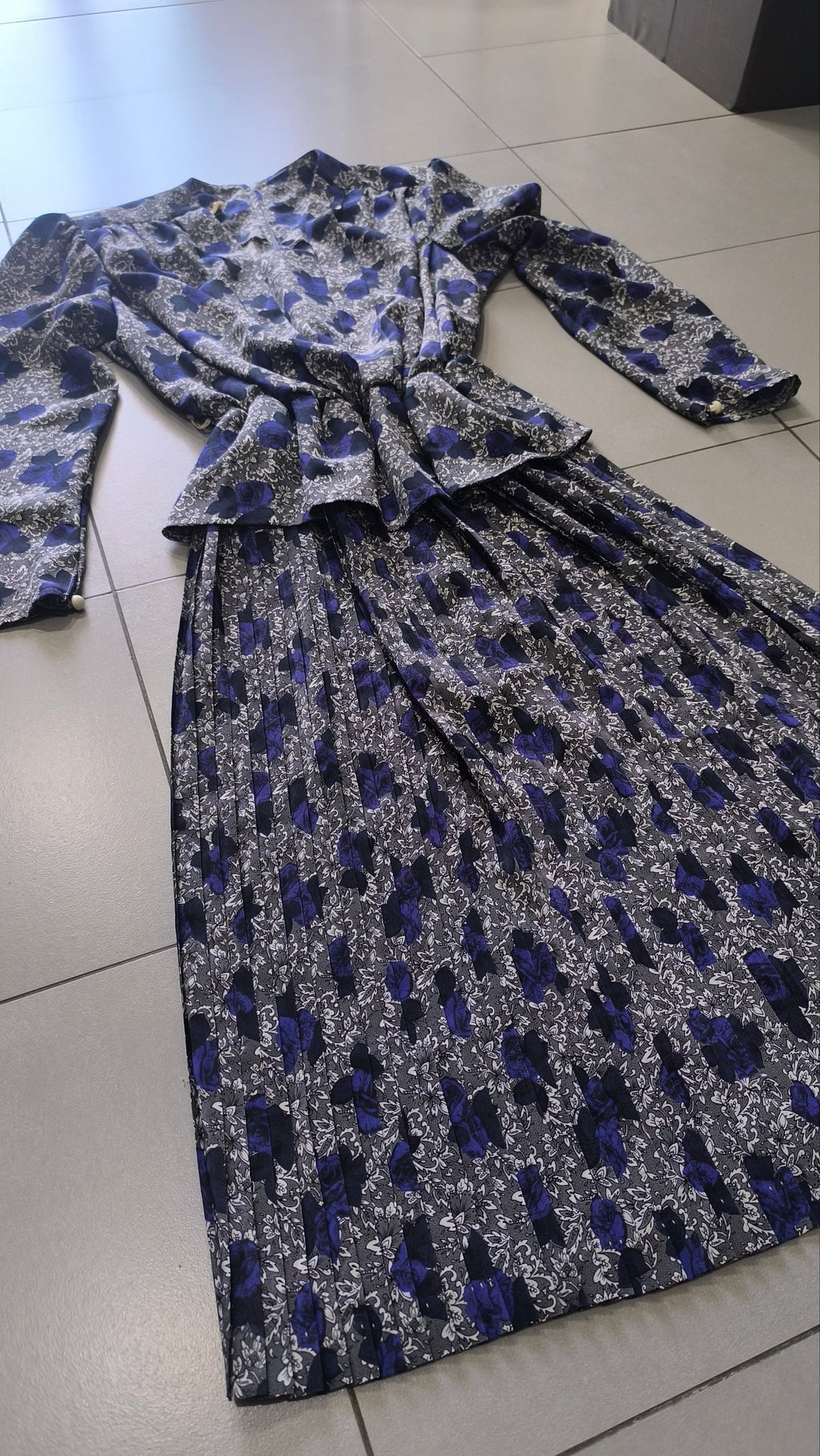 Completo vintage donna floreale blu grigio gonna plissé M