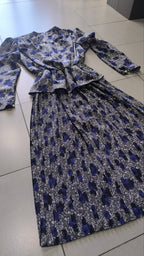 Completo vintage donna floreale blu grigio gonna plissé M