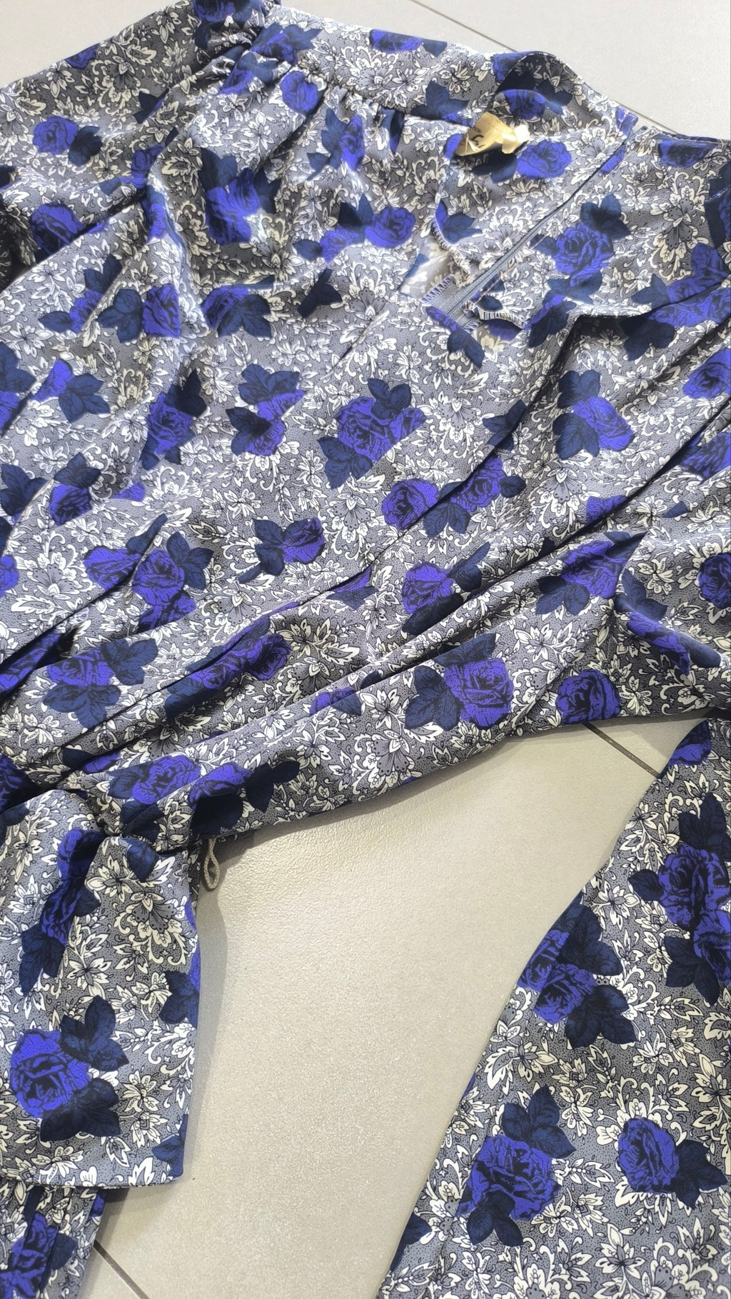 Completo vintage donna floreale blu grigio gonna plissé M