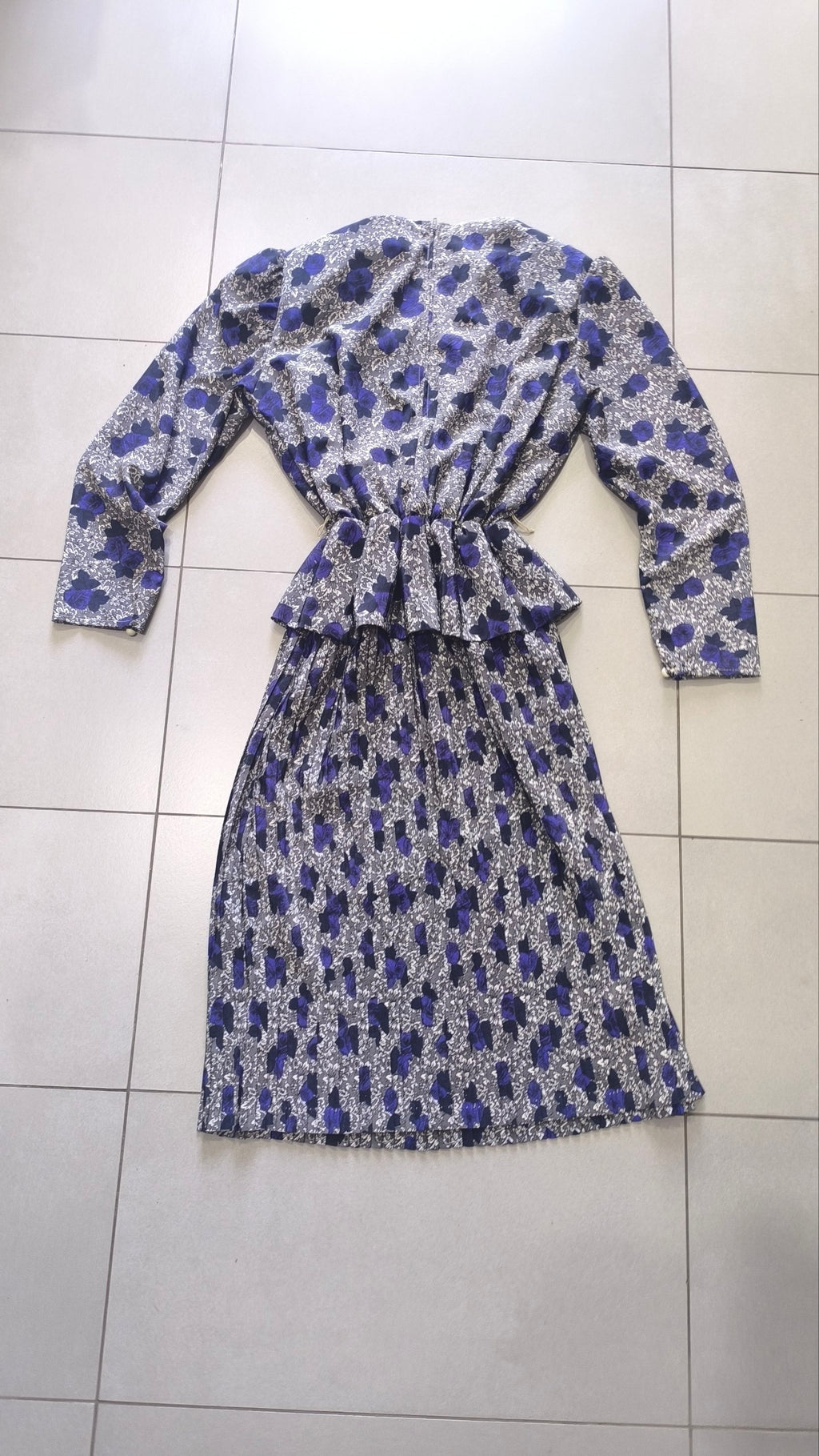 Completo vintage donna floreale blu grigio gonna plissé M