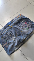 Minigonna jeans Eight Sin Y2K ricamata floreale vintage XL - Vintage Y2k Skirt