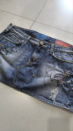 Minigonna jeans Eight Sin Y2K ricamata floreale vintage XL - Vintage Y2k Skirt