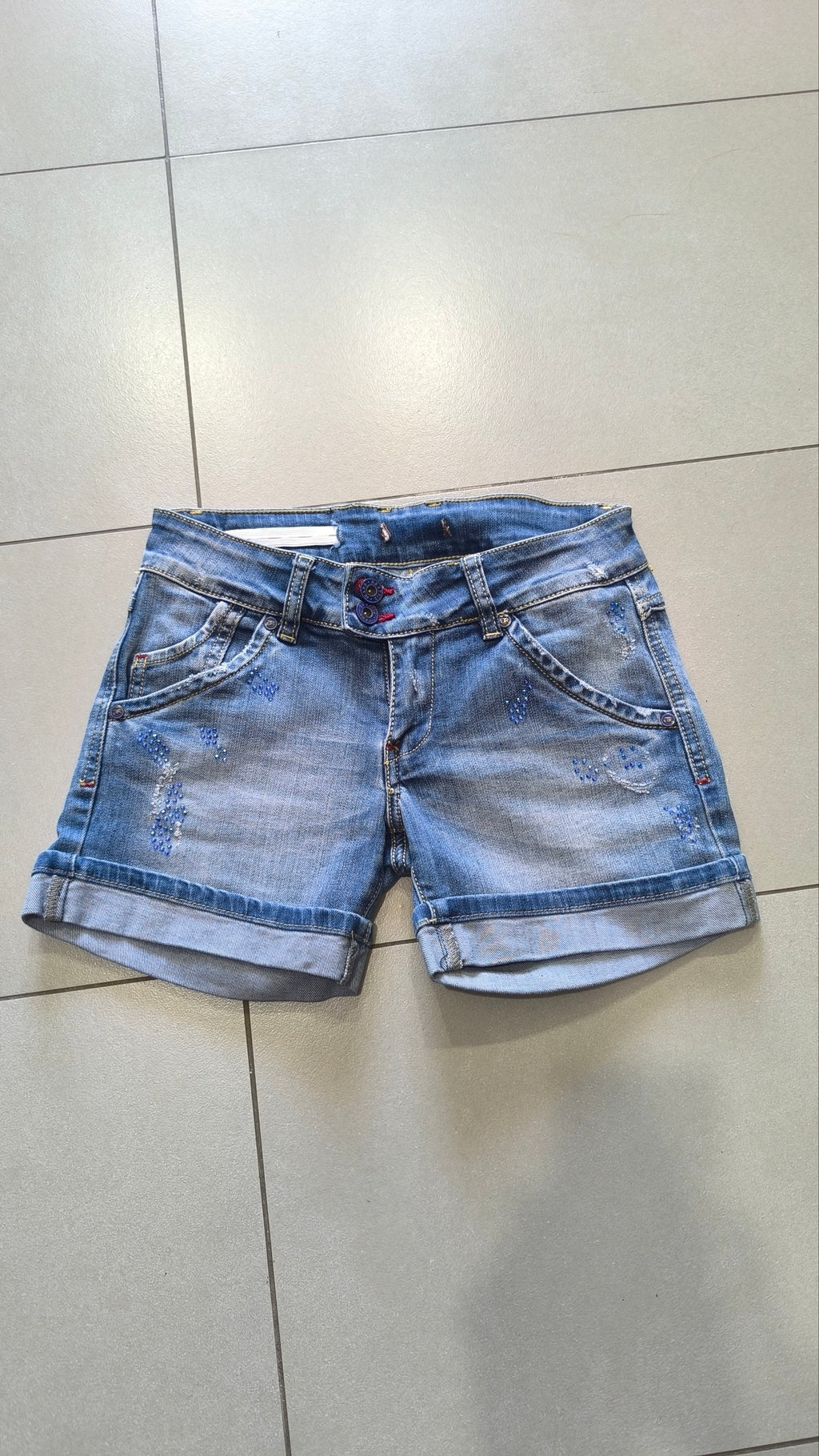 Shorts jeans donna Y2K strass blu vita bassa XXS