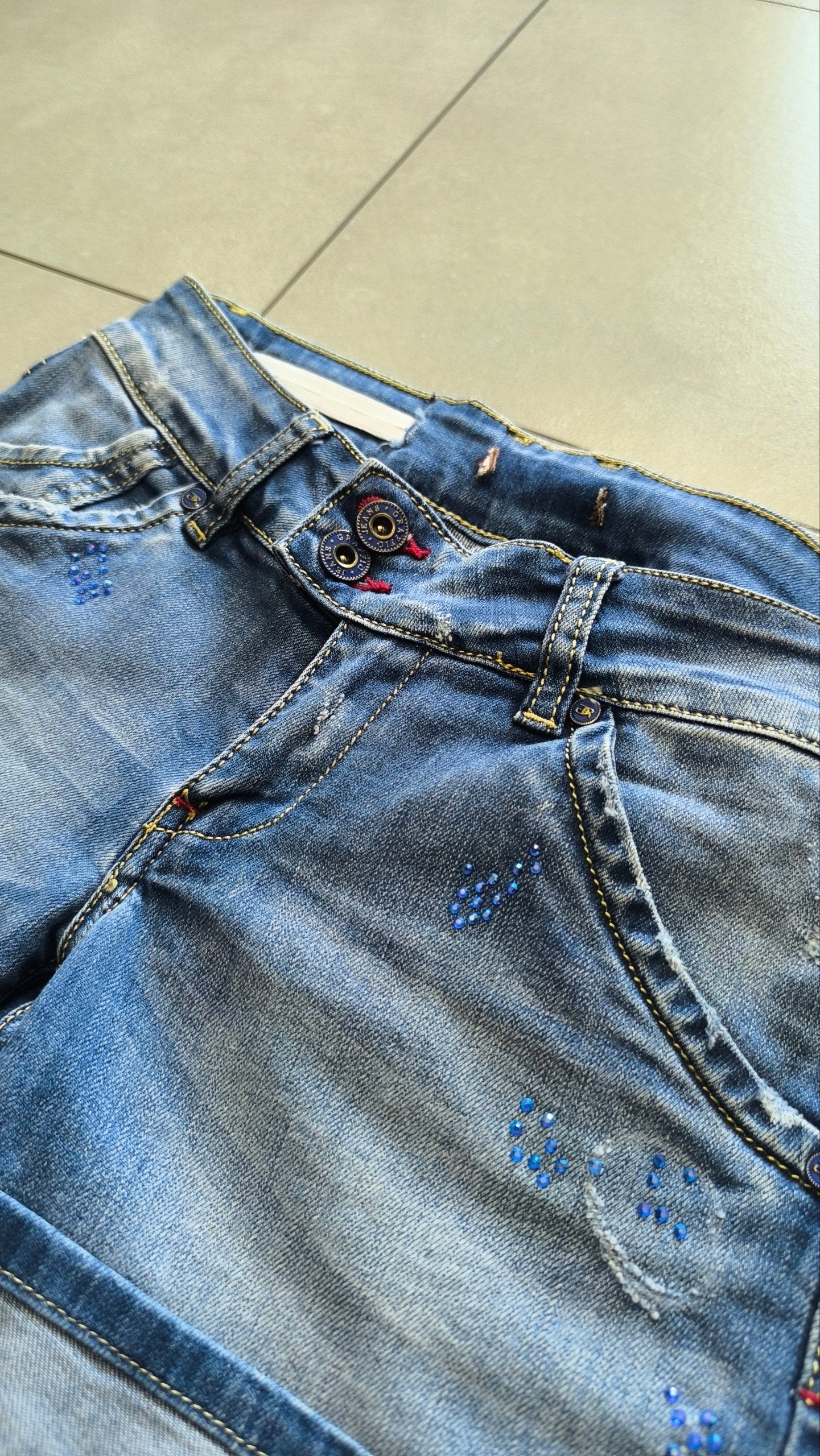Shorts jeans donna Y2K strass blu vita bassa XXS