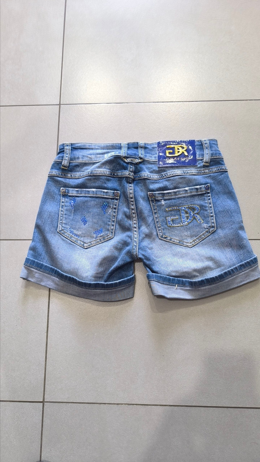Shorts jeans donna Y2K strass blu vita bassa XXS