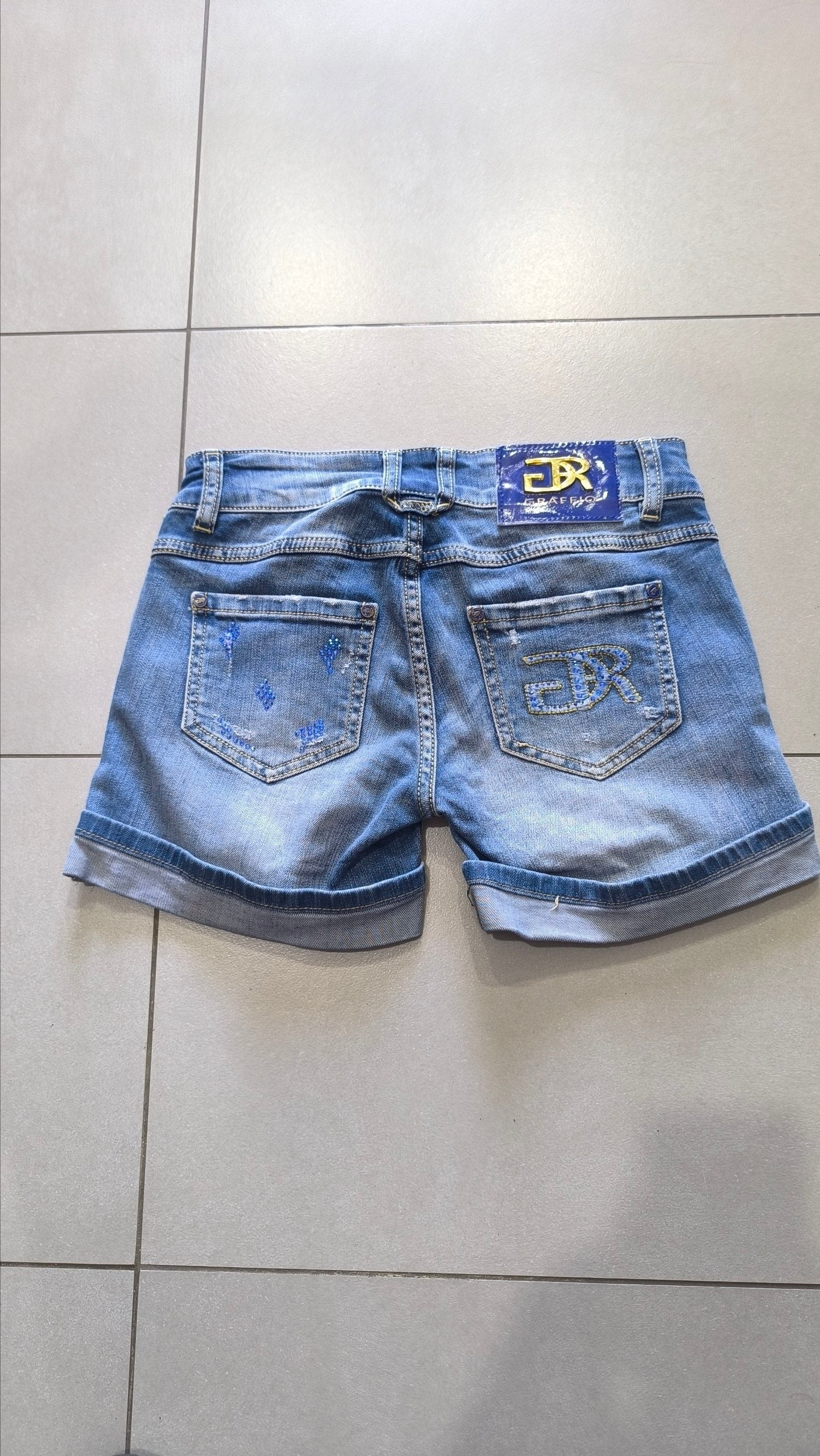 Shorts jeans donna Y2K strass blu vita bassa XXS