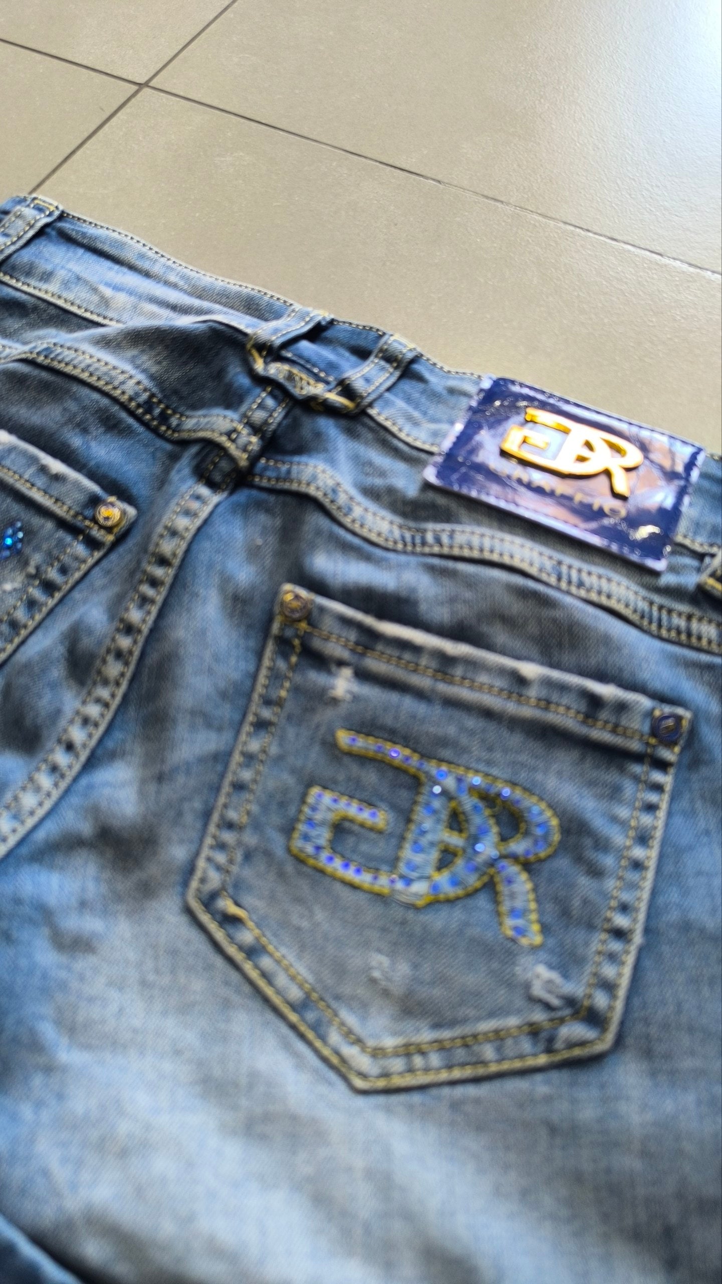 Shorts jeans donna Y2K strass blu vita bassa XXS