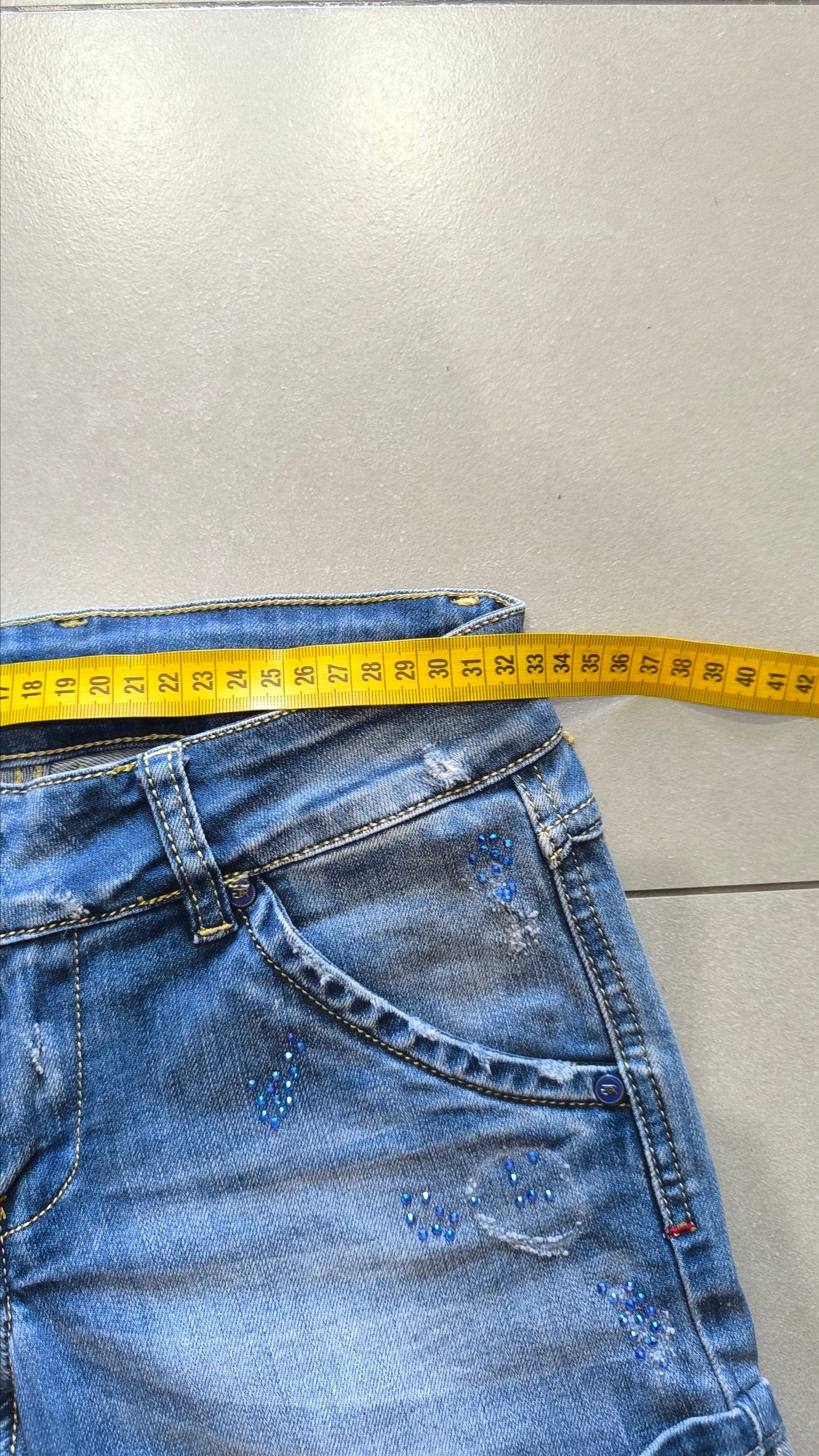 Shorts jeans donna Y2K strass blu vita bassa XXS