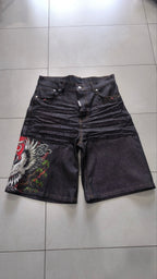 Jorts Static Studio denim nero stampa crane streetwear - Japan Style Vintage Y2K Denim
