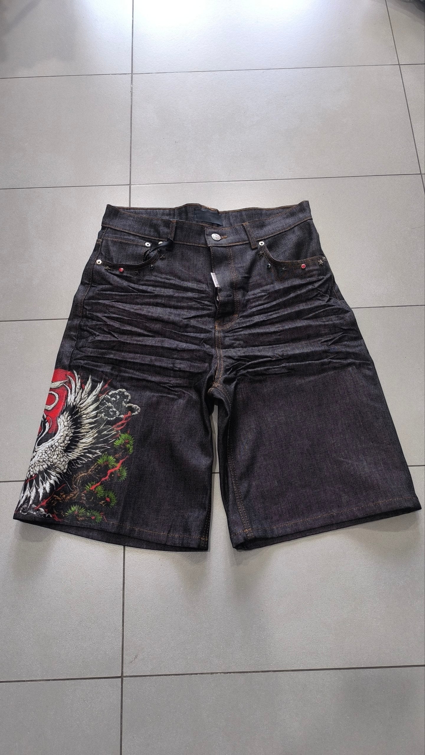 Jorts Static Studio denim nero stampa crane streetwear - Japan Style Vintage Y2K Denim