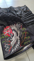 Jorts Static Studio denim nero stampa crane streetwear - Japan Style Vintage Y2K Denim