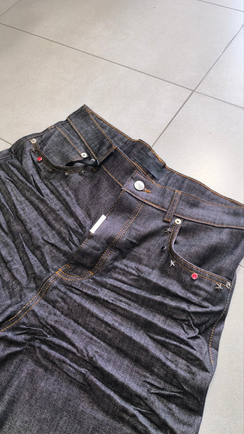 Jorts Static Studio denim nero stampa crane streetwear - Japan Style Vintage Y2K Denim