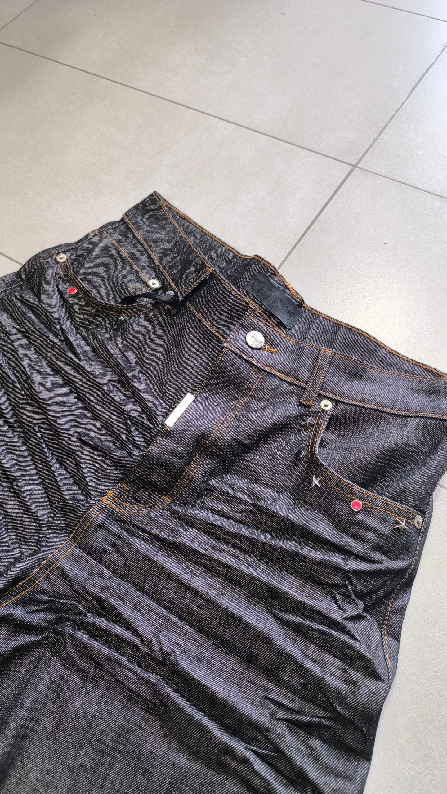 Jorts Static Studio denim nero stampa crane streetwear - Japan Style Vintage Y2K Denim
