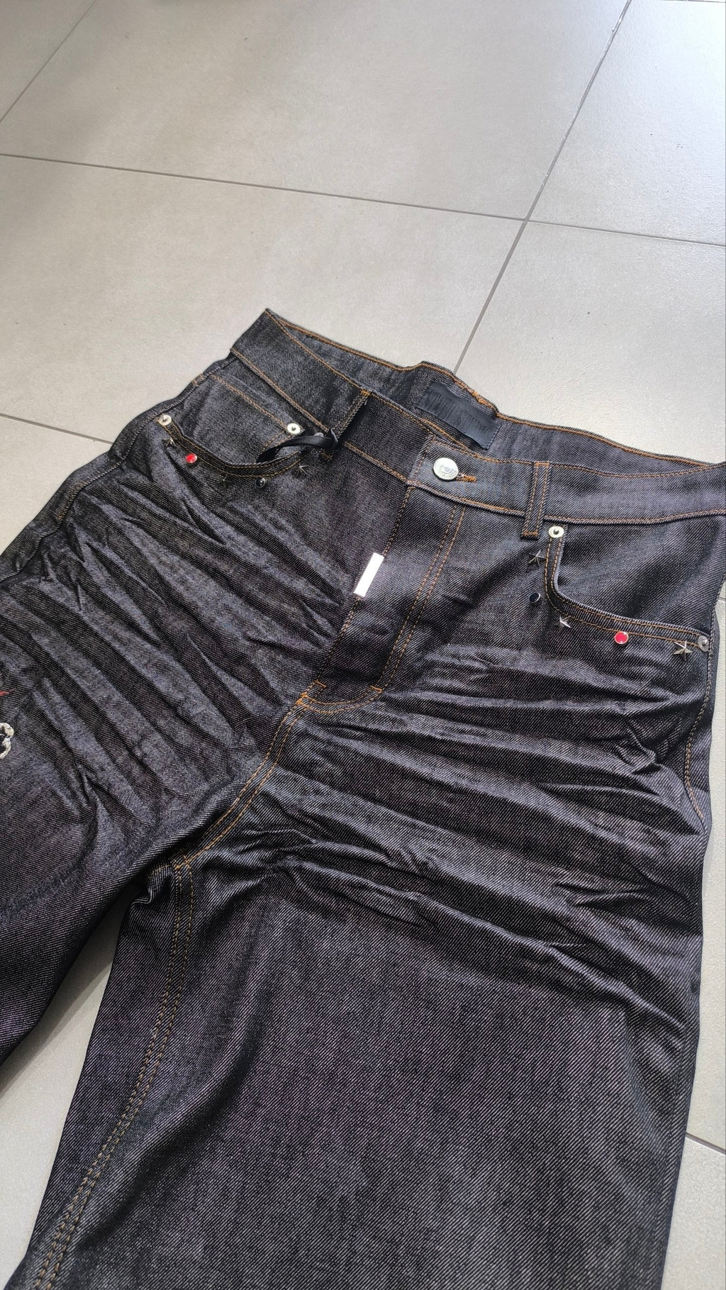 Jorts Static Studio denim nero stampa crane streetwear - Japan Style Vintage Y2K Denim
