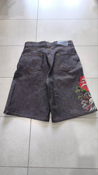Jorts Static Studio denim nero stampa crane streetwear - Japan Style Vintage Y2K Denim
