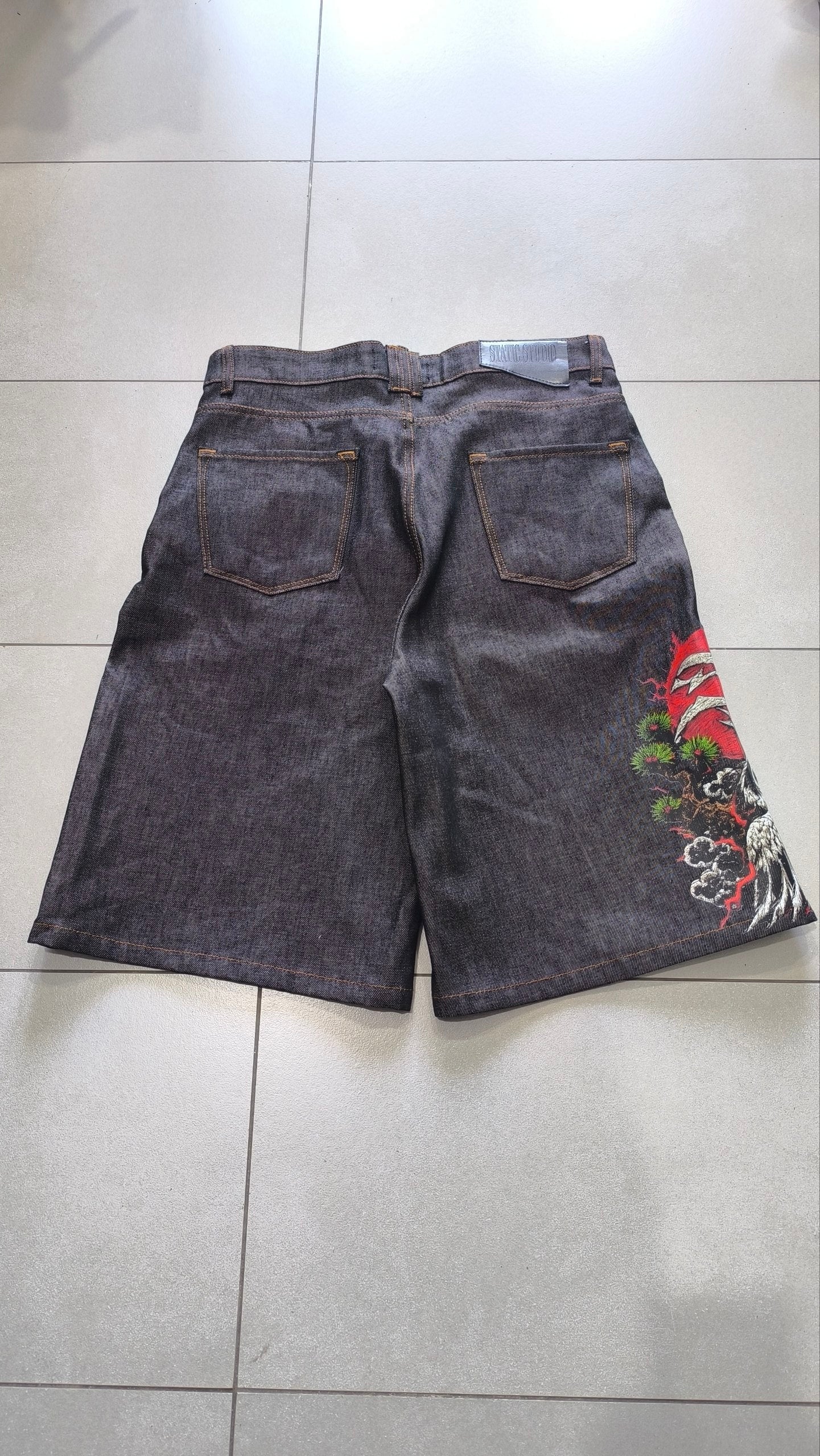 Jorts Static Studio denim nero stampa crane streetwear - Japan Style Vintage Y2K Denim