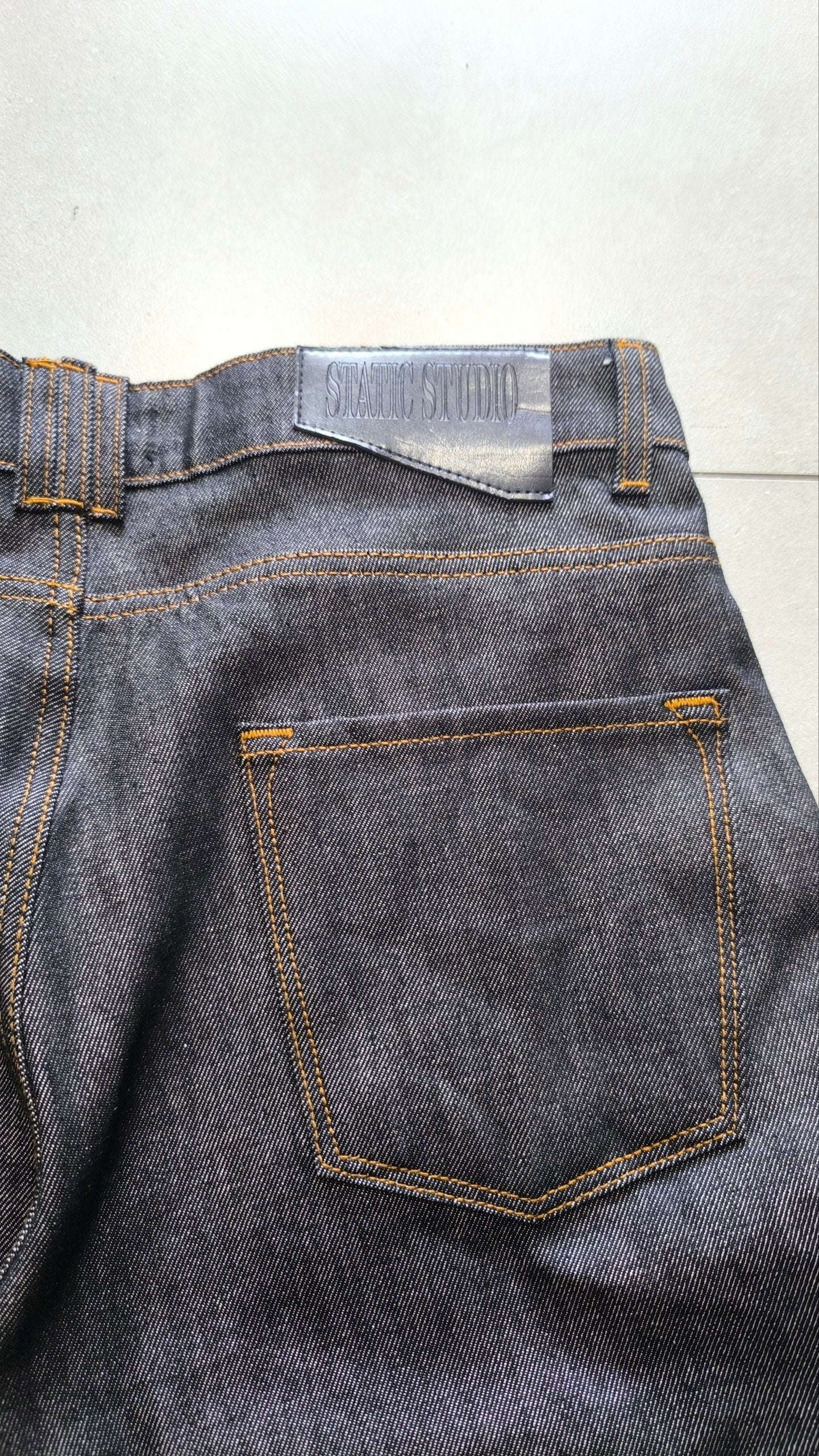 Jorts Static Studio denim nero stampa crane streetwear - Japan Style Vintage Y2K Denim