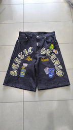 Jorts Static Studio Raw Denim Blu patch streetwear Vintage Y2K Printed Particular Hip-Hop (L)