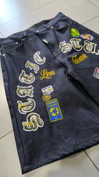 Jorts Static Studio Raw Denim Blu patch streetwear Vintage Y2K Printed Particular Hip-Hop (L)