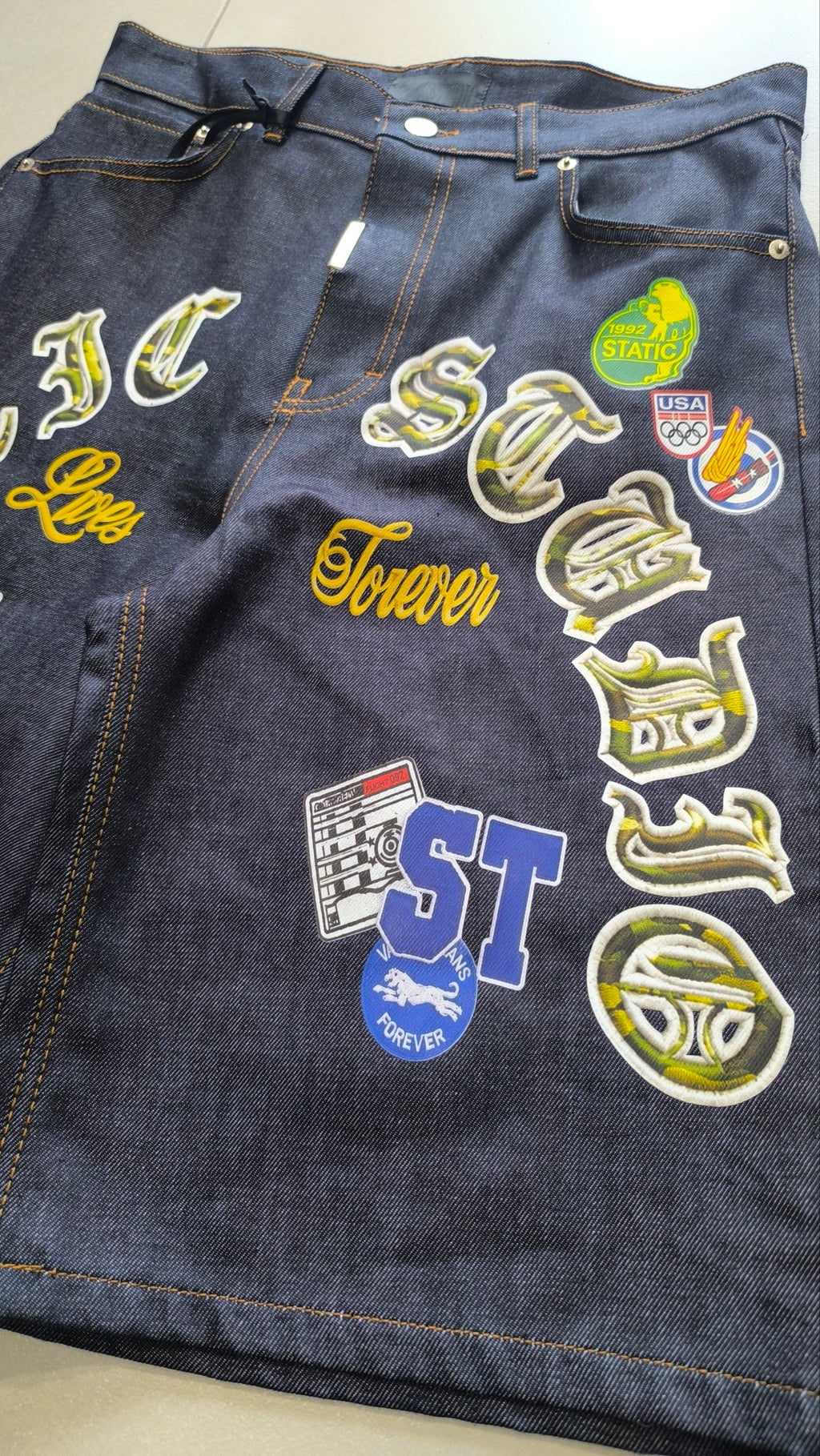 Jorts Static Studio Raw Denim Blu patch streetwear Vintage Y2K Printed Particular Hip-Hop (L)