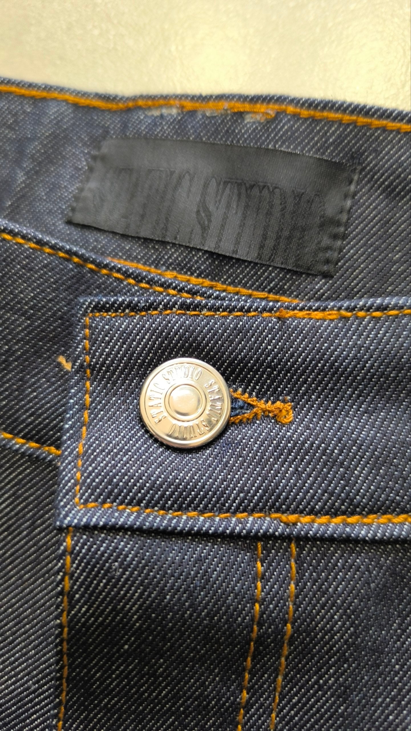 Jorts Static Studio Raw Denim Blu patch streetwear Vintage Y2K Printed Particular Hip-Hop (L)