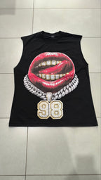 Canotta nera uomo hip hop Y2K con stampa lips grillz 98