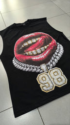 Canotta nera uomo hip hop Y2K con stampa lips grillz 98