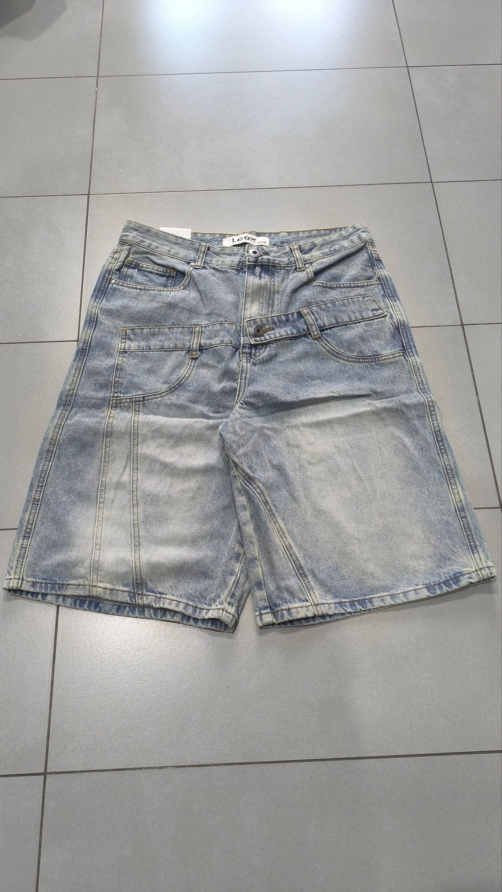 Jorts Leox Denim Chiaro Baggy Sabbiato Doppio Bustino Embroidered Particular Y2K
