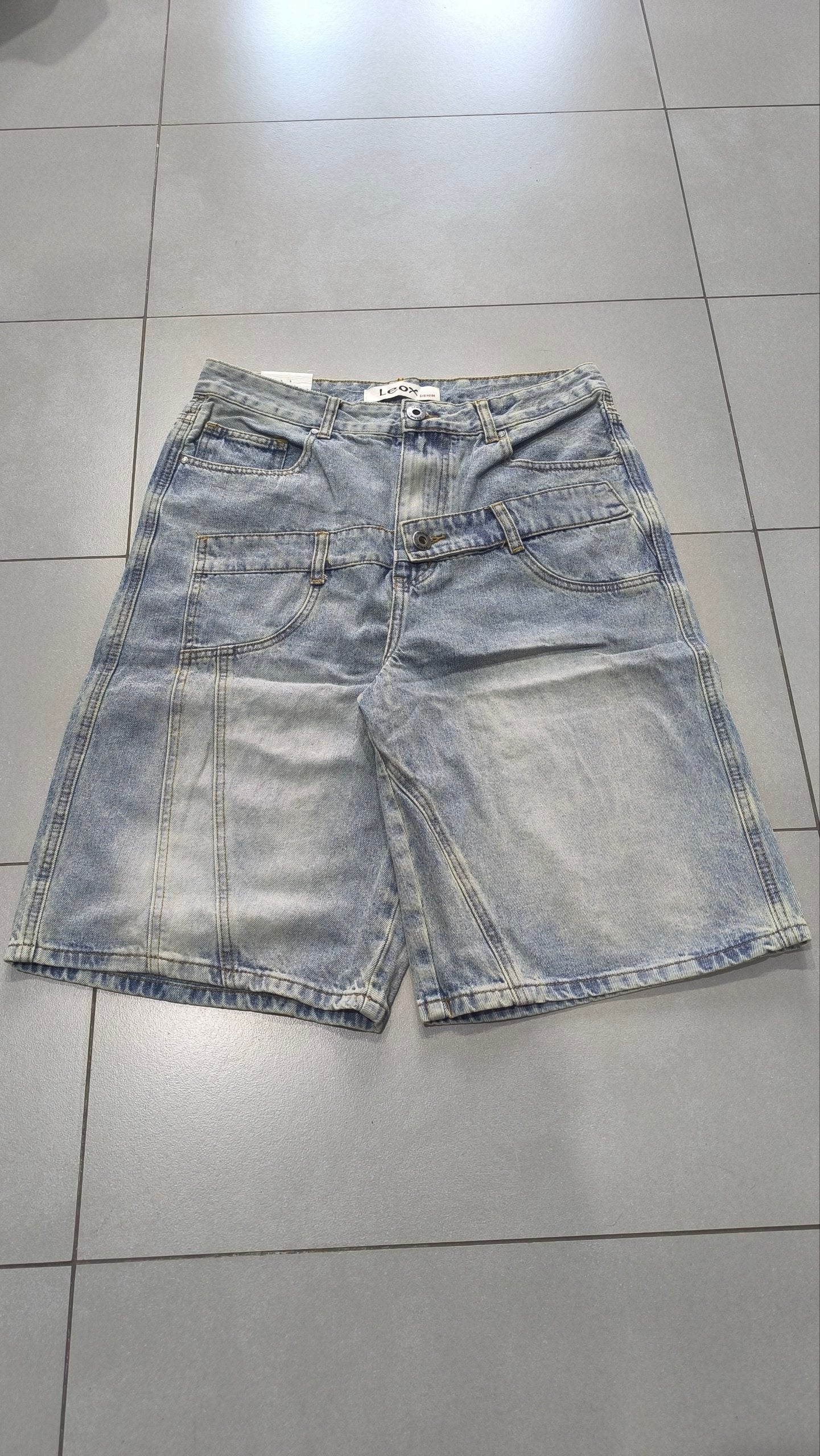 Jorts Leox Denim Chiaro Baggy Sabbiato Doppio Bustino Embroidered Particular Y2K