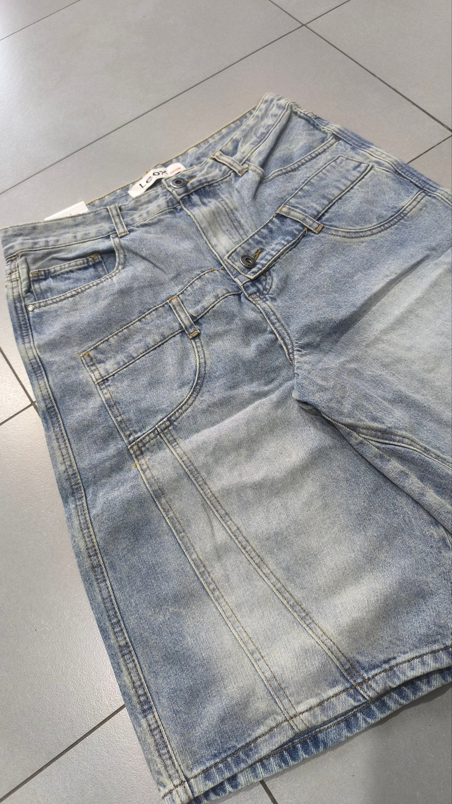 Jorts Leox Denim Chiaro Baggy Sabbiato Doppio Bustino Embroidered Particular Y2K