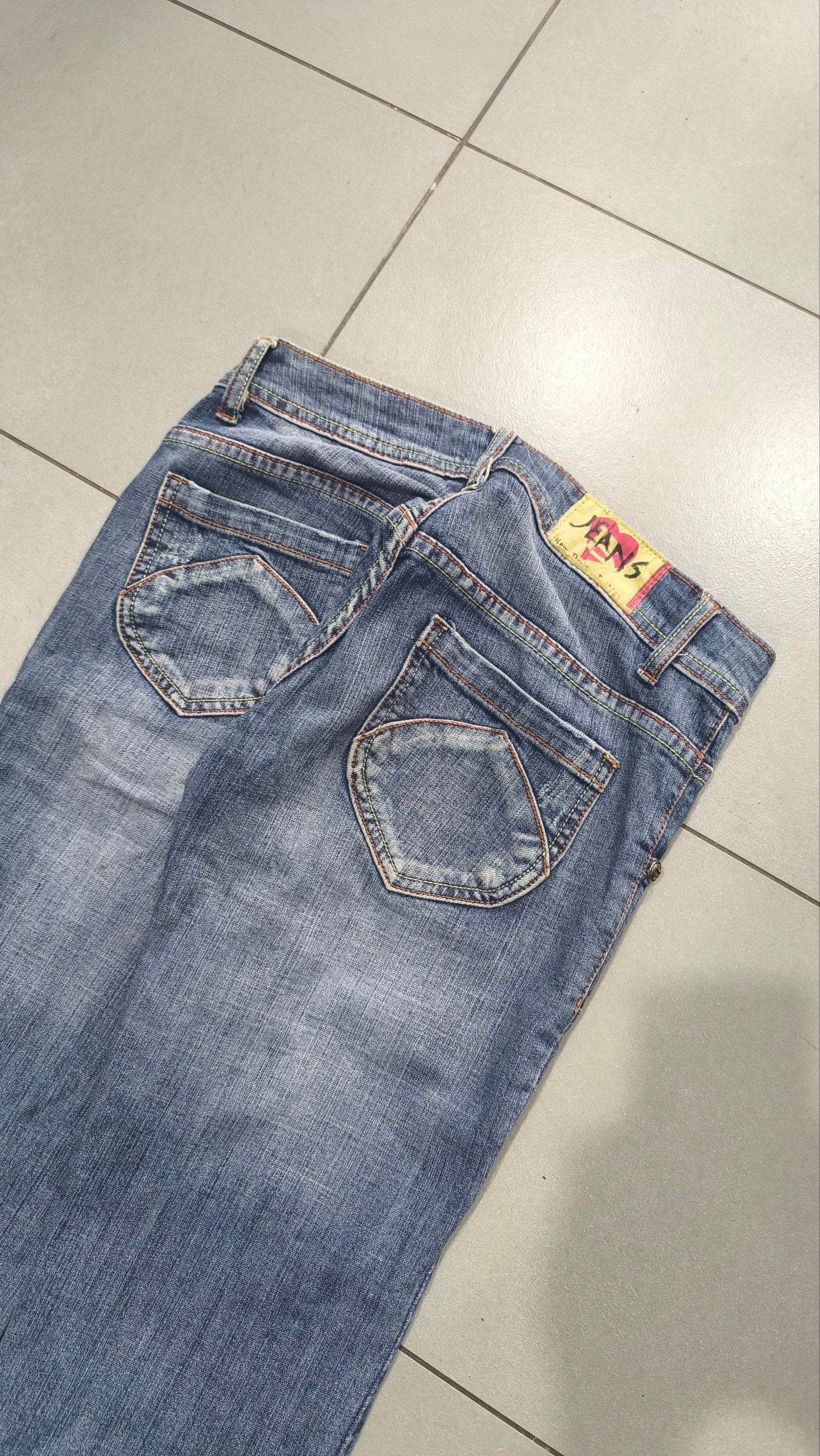 Denim Jeans Vintage Y2K Bootcut Flare Fit Low Waist Embroidered Particular (XS)