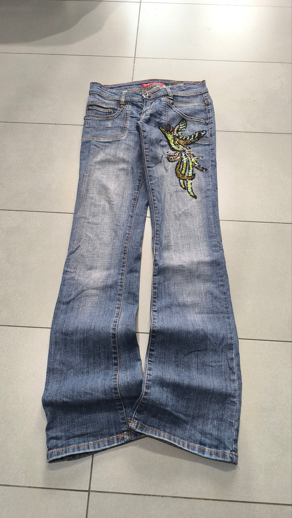 Denim Jeans Vintage Y2K Bootcut Flare Fit Low Waist Embroidered Particular (XS)