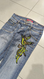 Denim Jeans Vintage Y2K Bootcut Flare Fit Low Waist Embroidered Particular (XS)