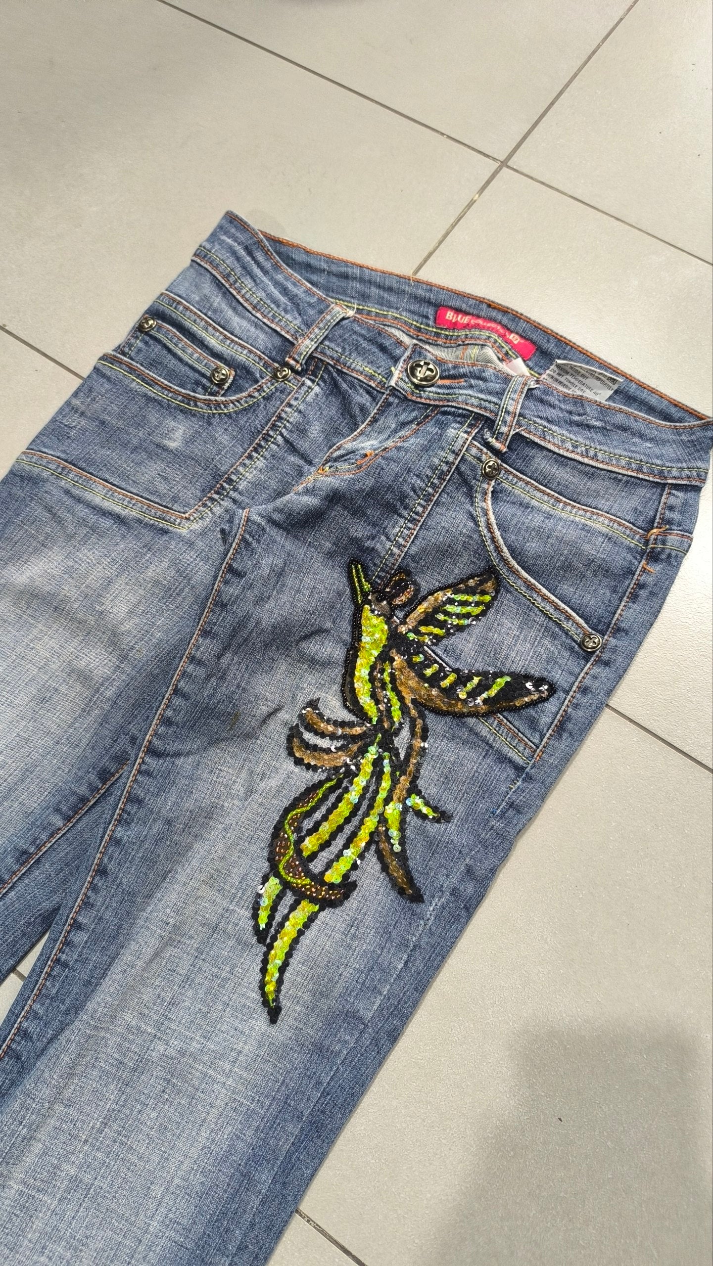 Denim Jeans Vintage Y2K Bootcut Flare Fit Low Waist Embroidered Particular (XS)