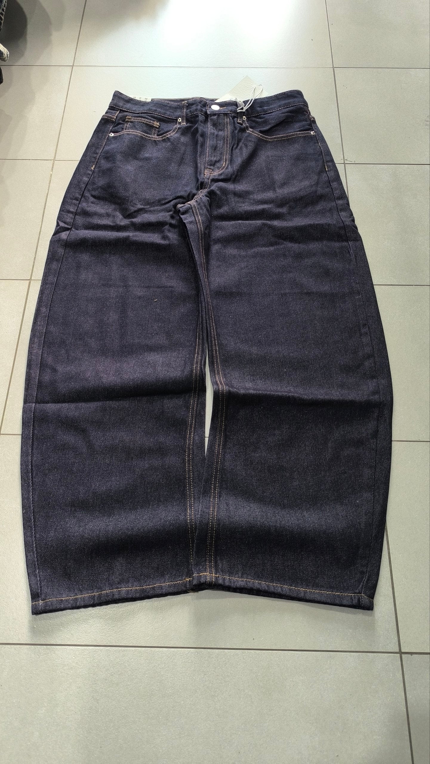 Raw Denim Jeans Dark Blue Super Baggy Balloon Vintage Y2K Particulare Hip-Hop