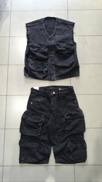 Completo Denim Nero Y2K Cargo Utility Smanicato + Jorts Baggy Hip Hop Streetwear